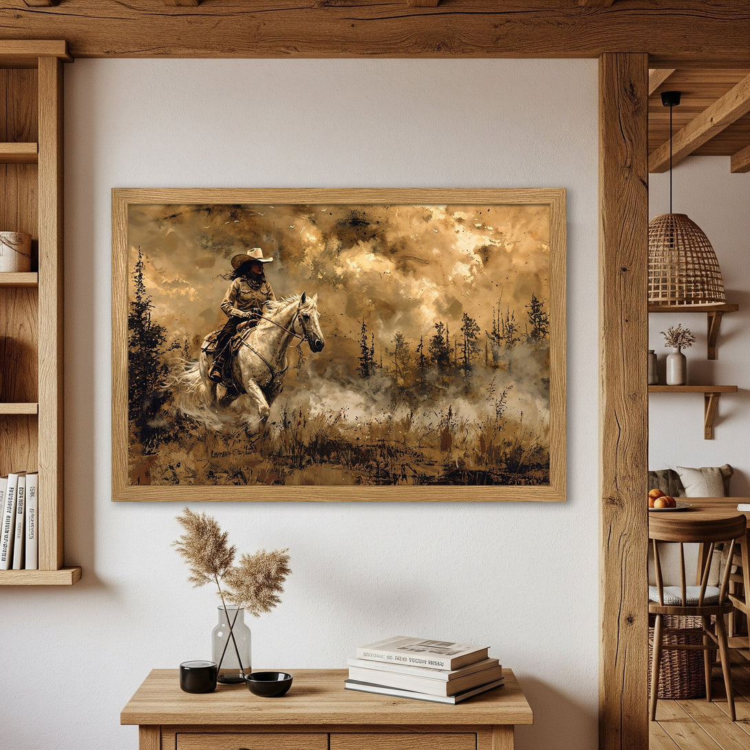 Framed Poster featuring a cowboy on a horse, rustic style with a warm, earthy color palette. Perfect Western decor!