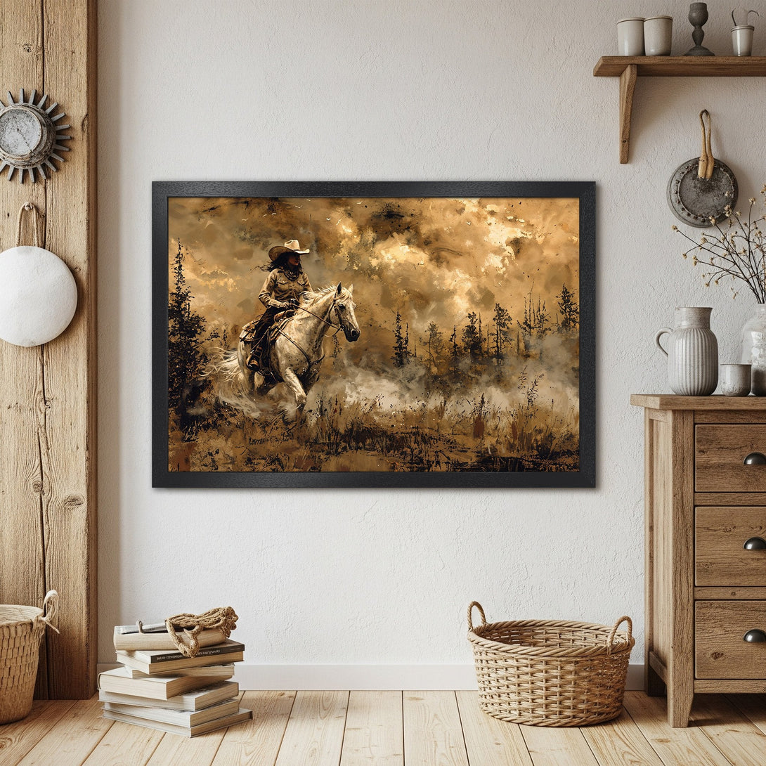Framed Poster of a cowboy on a horse, in a warm, sepia-toned style. Perfect western wall art for your home.