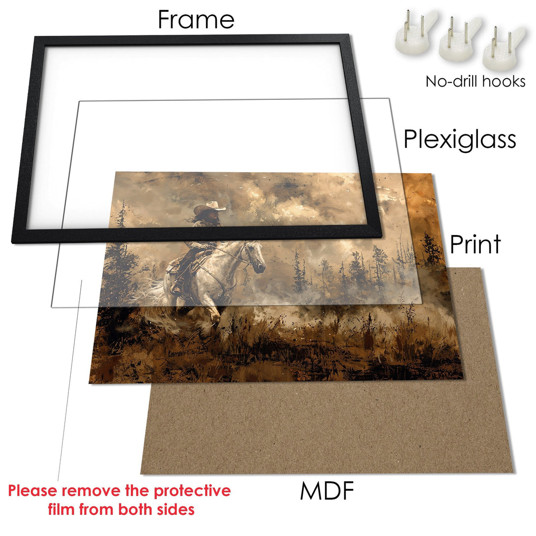 Framed Poster featuring a cowboy on horseback, in a sepia-toned, artistic style. Perfect western wall art for your home.