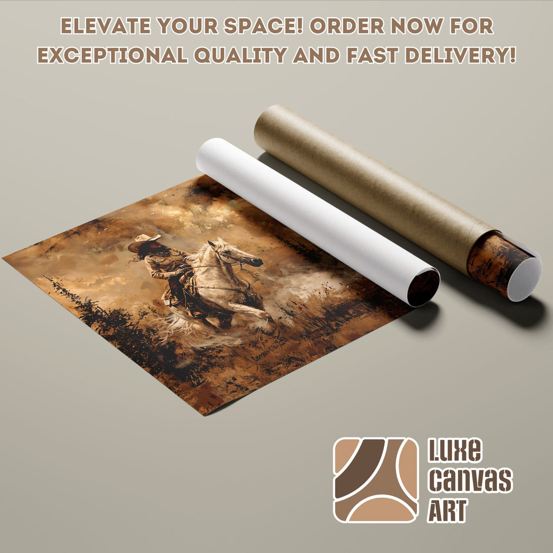 Poster Roll featuring a cowboy on a horse, in a sepia-toned, artistic style. Order yours today!
