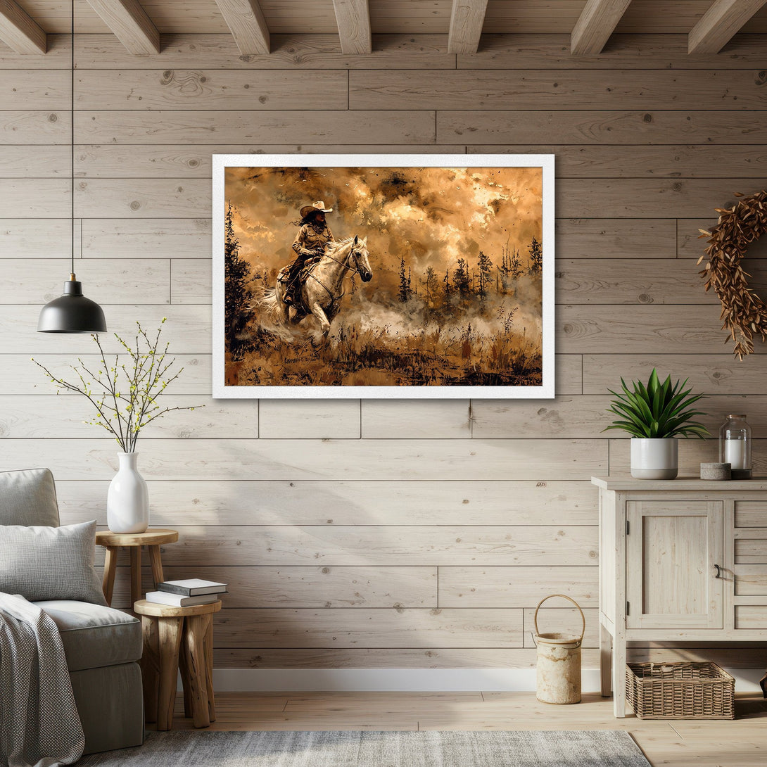 Framed Poster of a cowboy on a horse, in a sepia tone, rustic style, perfect for Western decor. Add a touch of the wild west to your home!