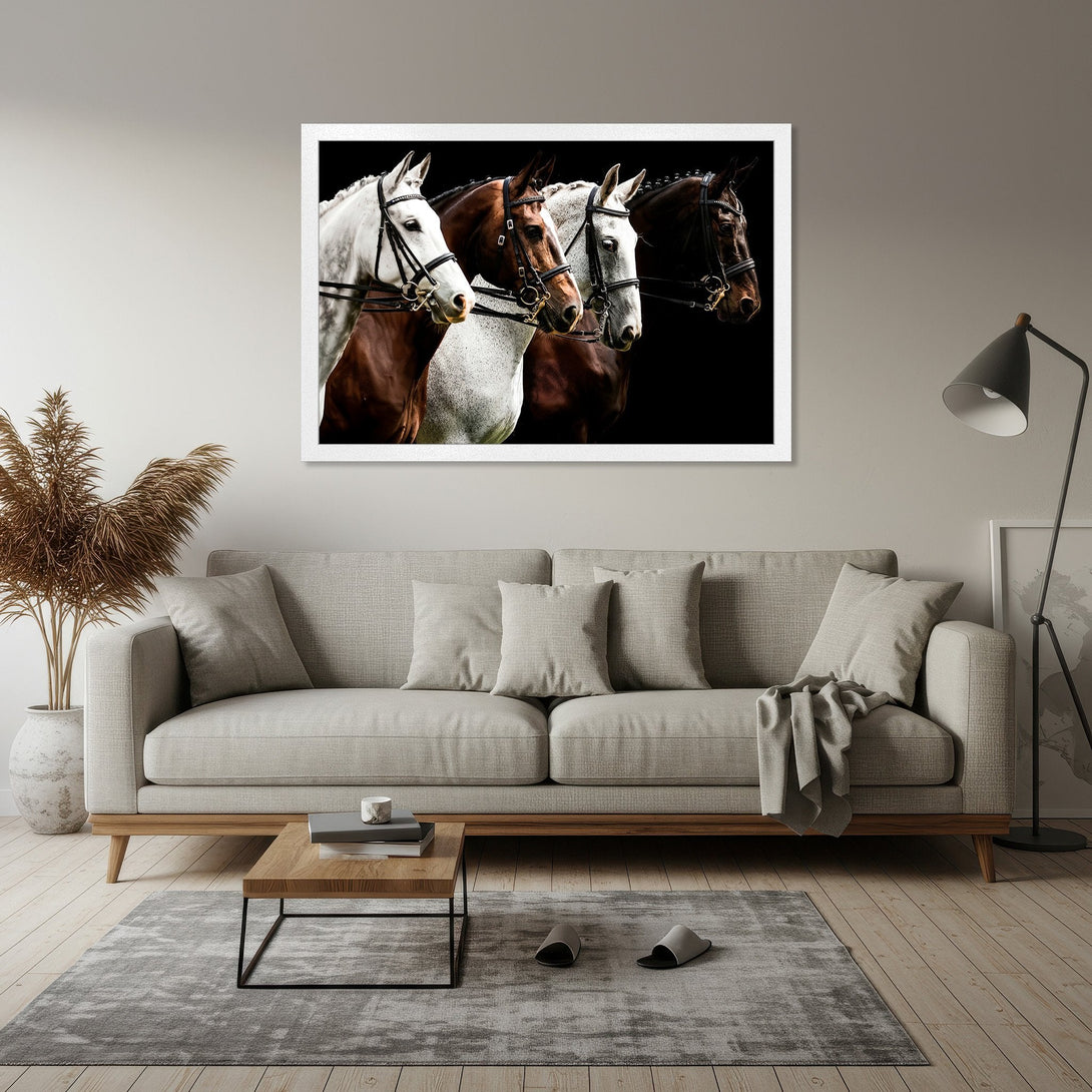 Framed Poster featuring majestic horses in a dramatic black background. Elegant, modern style with a neutral color palette. Perfect wall art!