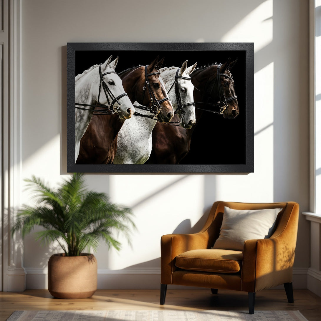 Framed Poster featuring horses in a dramatic style with a neutral and brown color palette. Perfect art for your home!