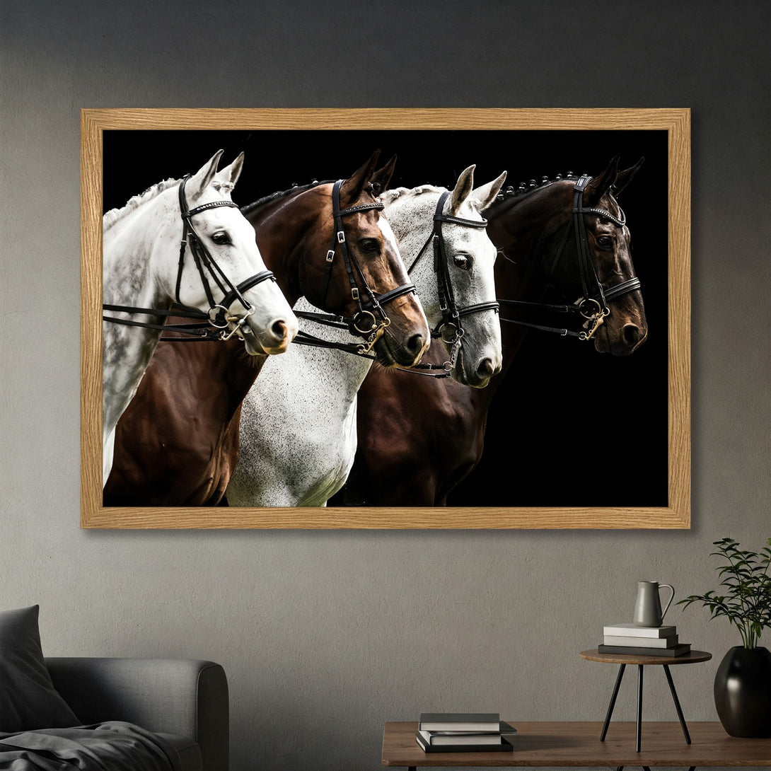 Framed Poster featuring majestic horses in a striking black and white color palette. Elevate your space with this elegant equestrian art.