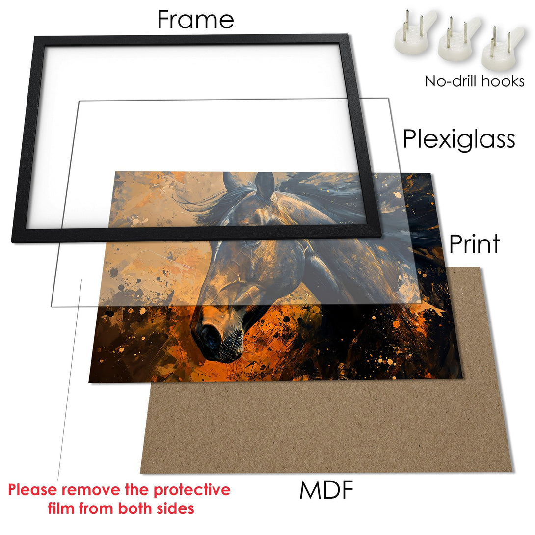 Framed Poster featuring a majestic horse in an abstract style with a warm, orange and black color palette. Perfect wall art!