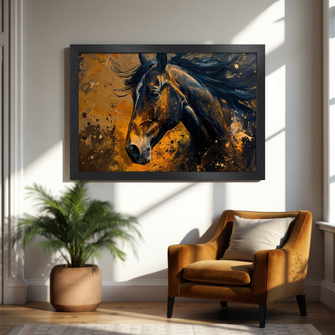 Framed Poster of a majestic horse in abstract style, featuring a warm orange and black color palette. Perfect wall art!