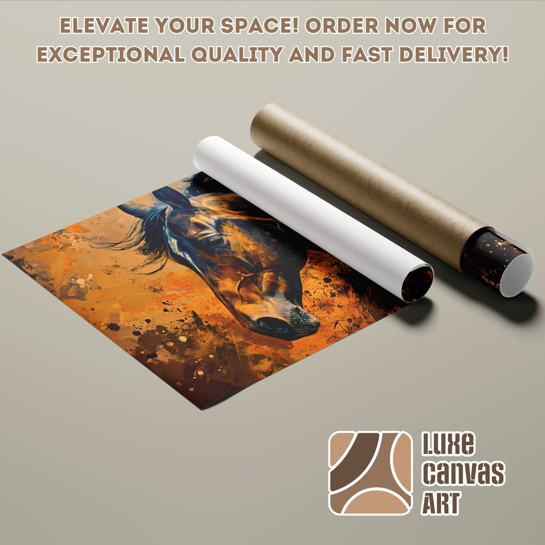 Abstract horse art poster roll in warm orange and brown tones. Elevate your space!