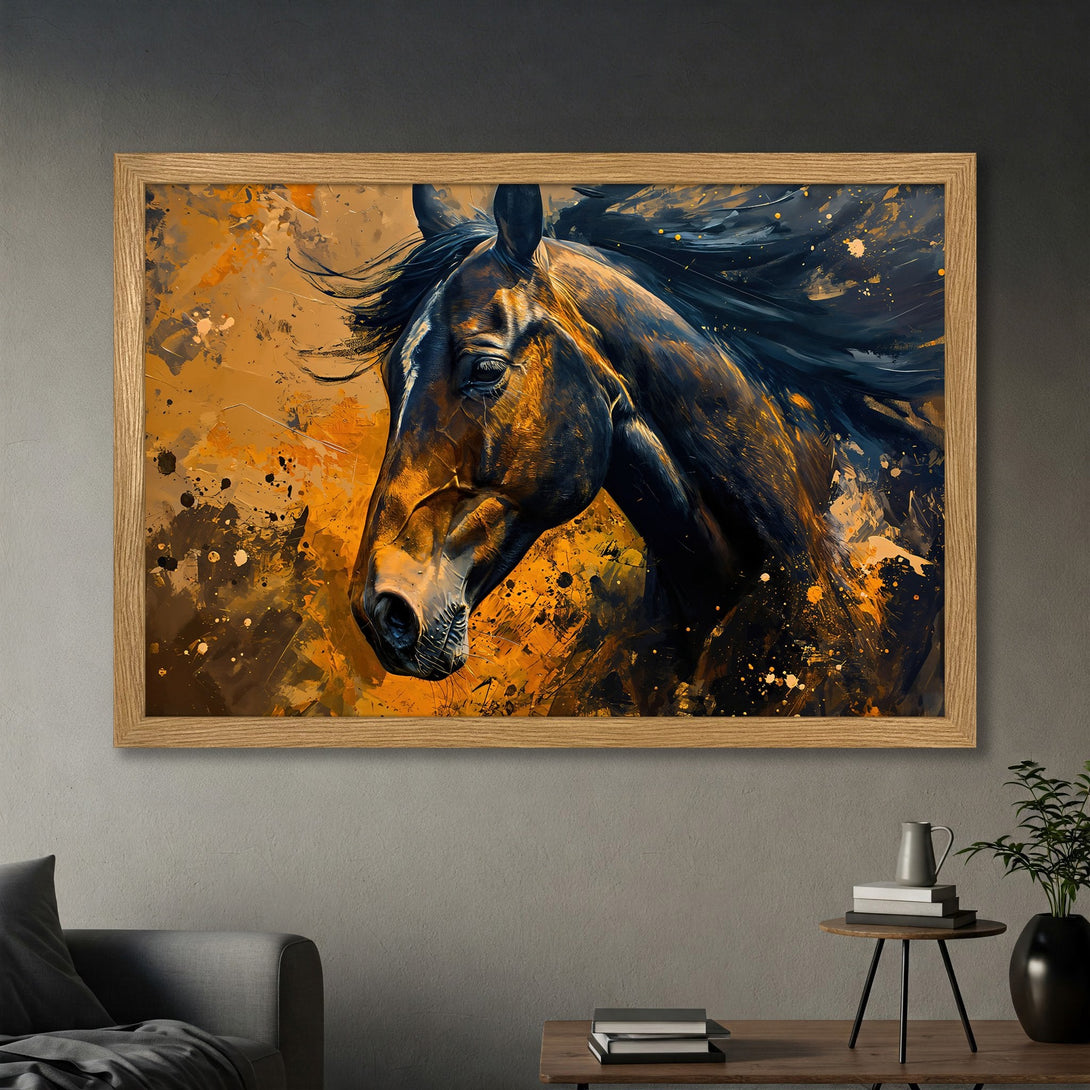 Framed Poster of a horse in an abstract style with a warm orange and black color palette. Perfect wall art for any room!