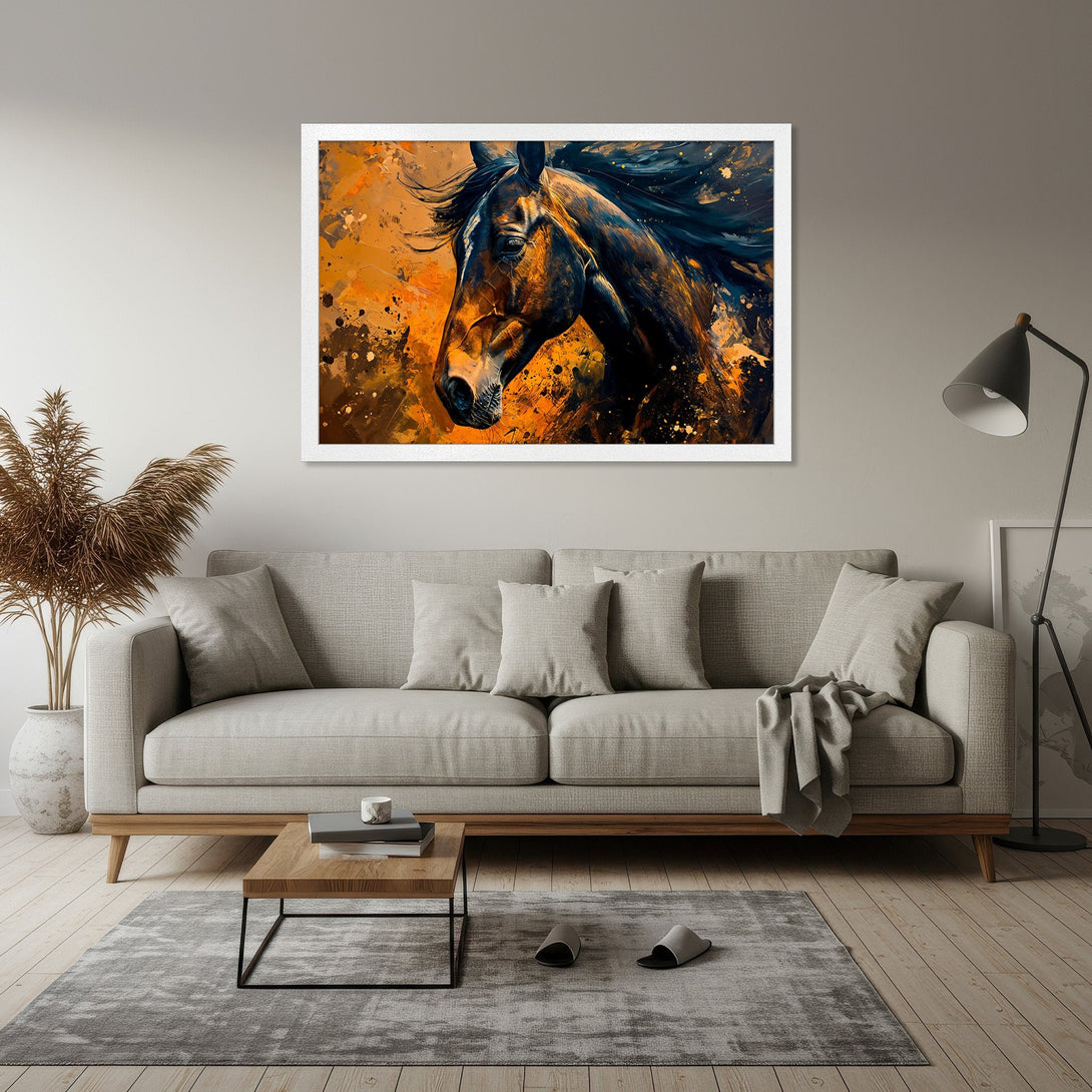 Framed Poster of a horse in abstract style, featuring a warm orange and dark blue color palette. Perfect for modern decor.