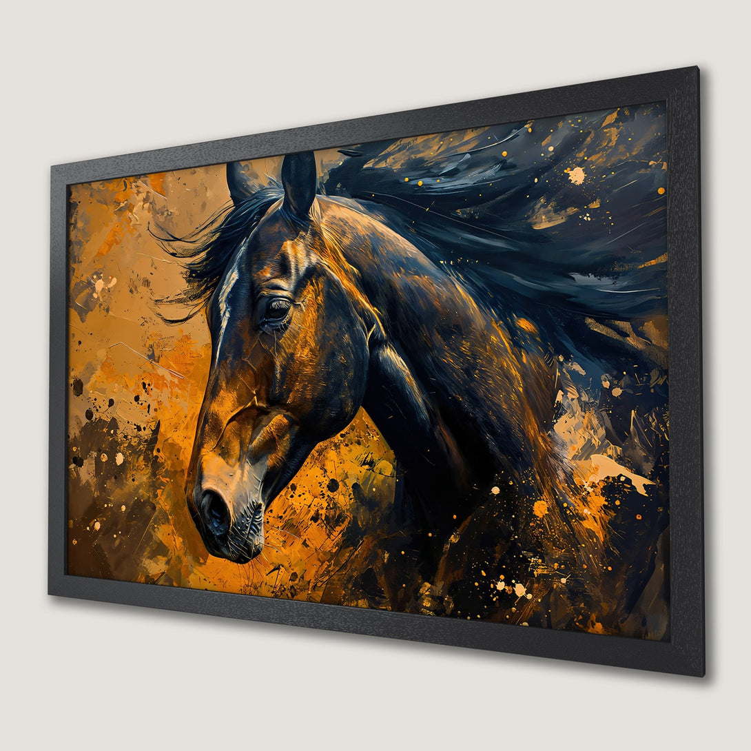 Framed Poster: Abstract horse art print in bold colors. Dramatic style with black, gold, and orange palette. Perfect wall decor for any space.