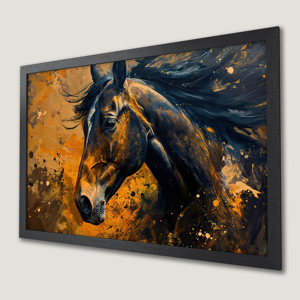 Framed Poster: Abstract horse art print in bold colors. Dramatic style with black, gold, and orange palette. Perfect wall decor for any space.