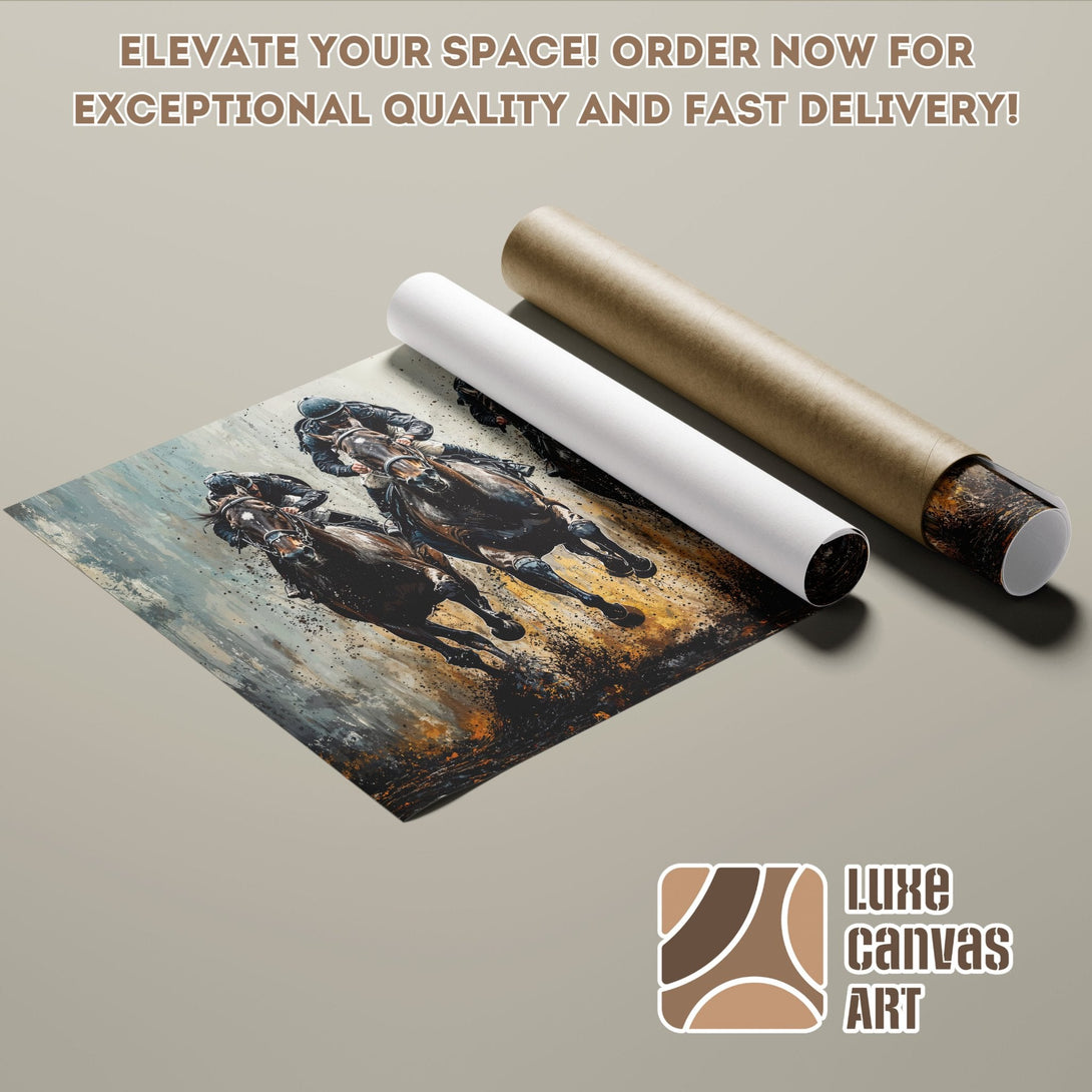 Horse racing poster roll, abstract art style, brown & gray palette. Order now!