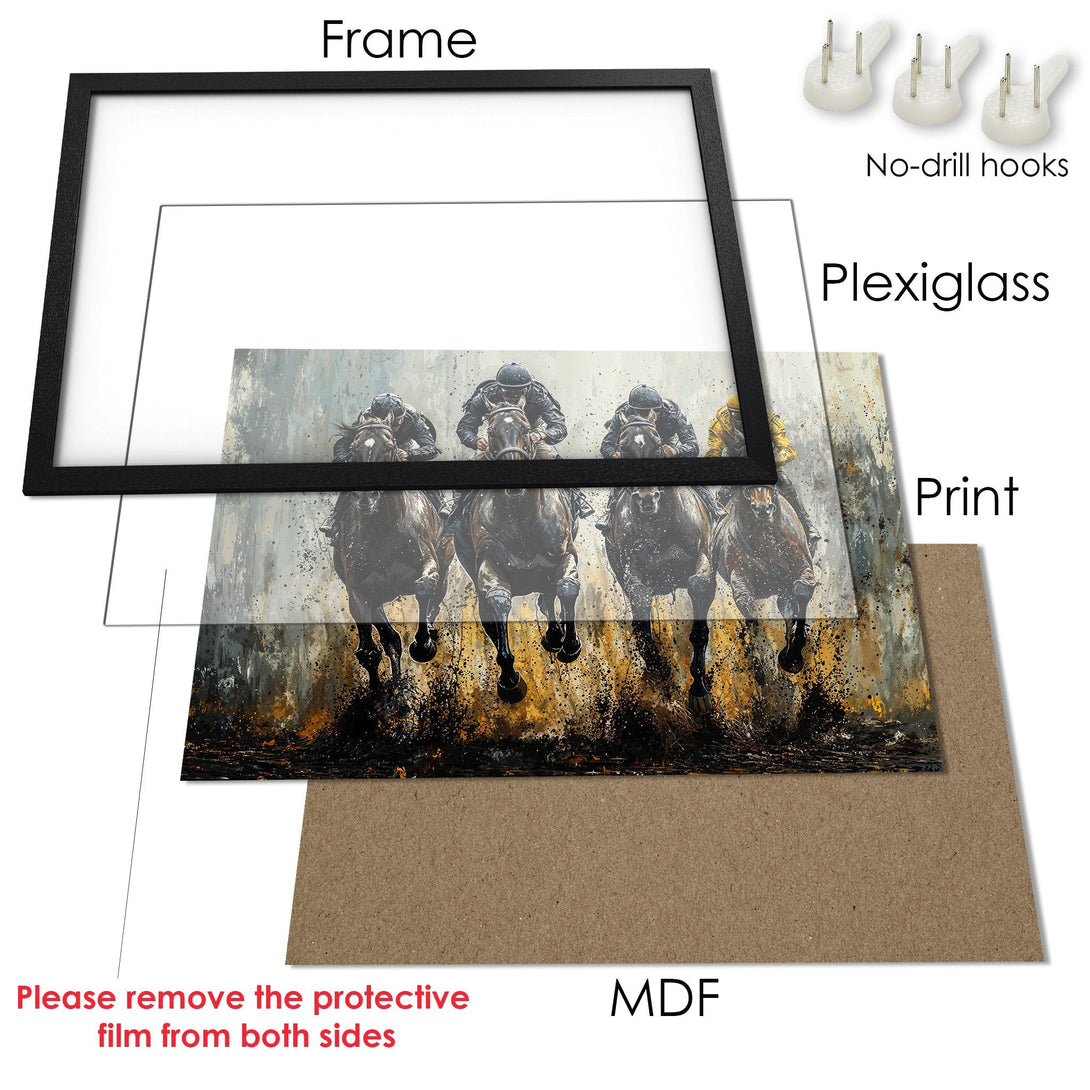 Framed Poster featuring a dynamic horse racing scene in a painterly style with a neutral, earthy color palette. Perfect wall art!