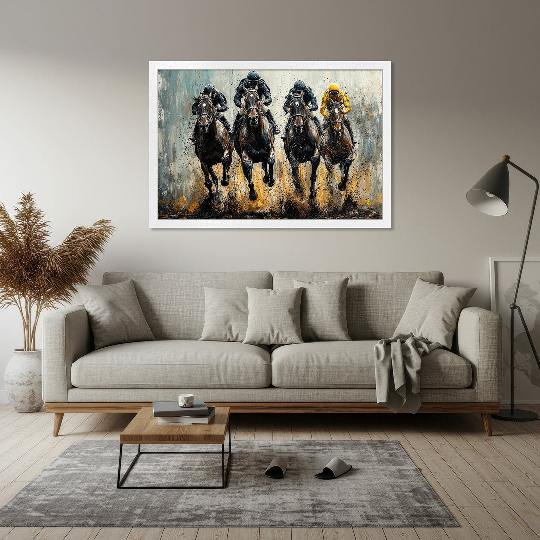Framed Poster of racehorses in action, impressionist style, with a muted color palette of blues, browns, and yellows. Perfect wall art!
