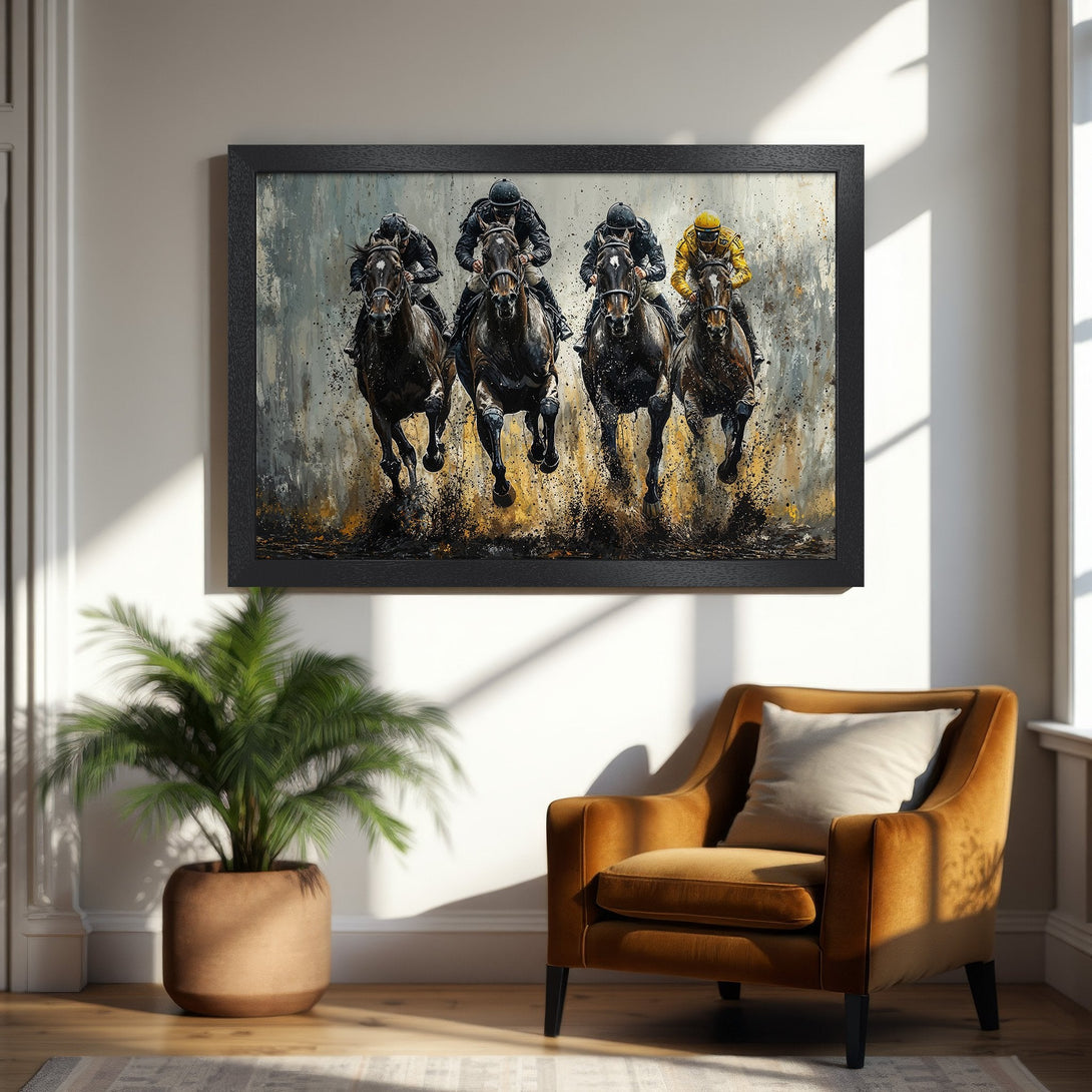 Framed Poster of racehorses in action, abstract style, with a palette of black, grey, yellow, and brown. Perfect wall art.