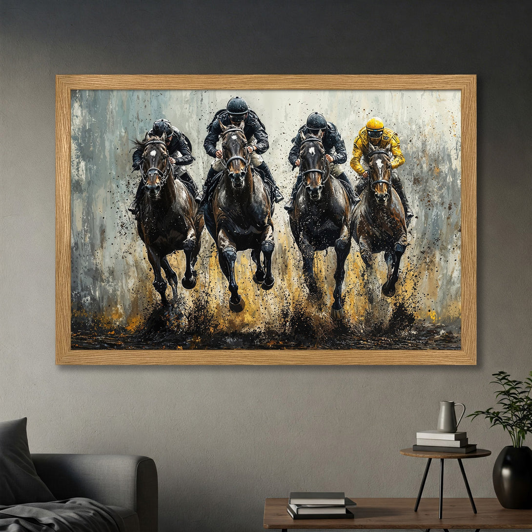 Framed Poster of a horse race in action. Dynamic art style with a neutral, earthy color palette. Perfect wall decor!