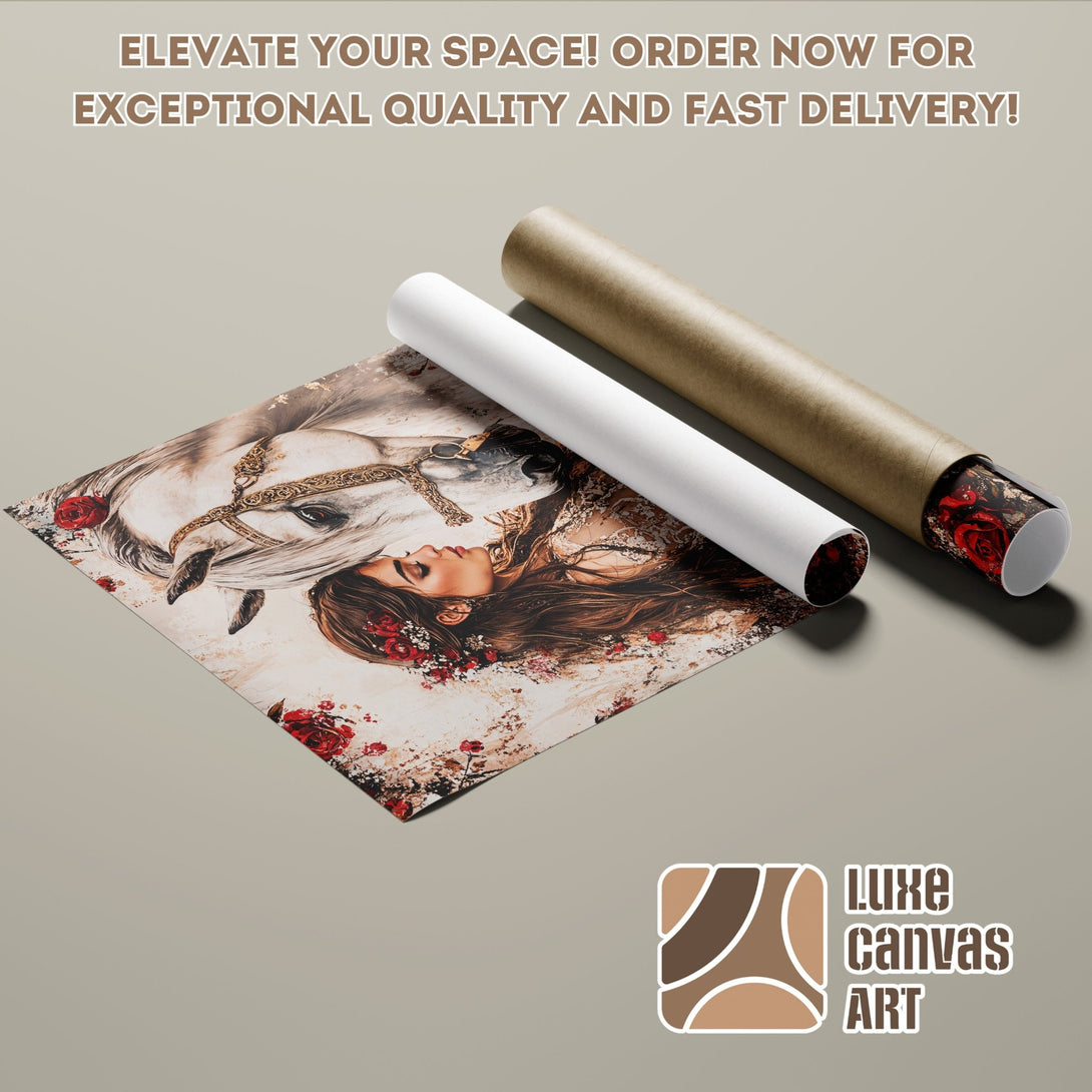 Poster Roll featuring a woman and horse art print in neutral tones. Elevate your space with this stunning poster!