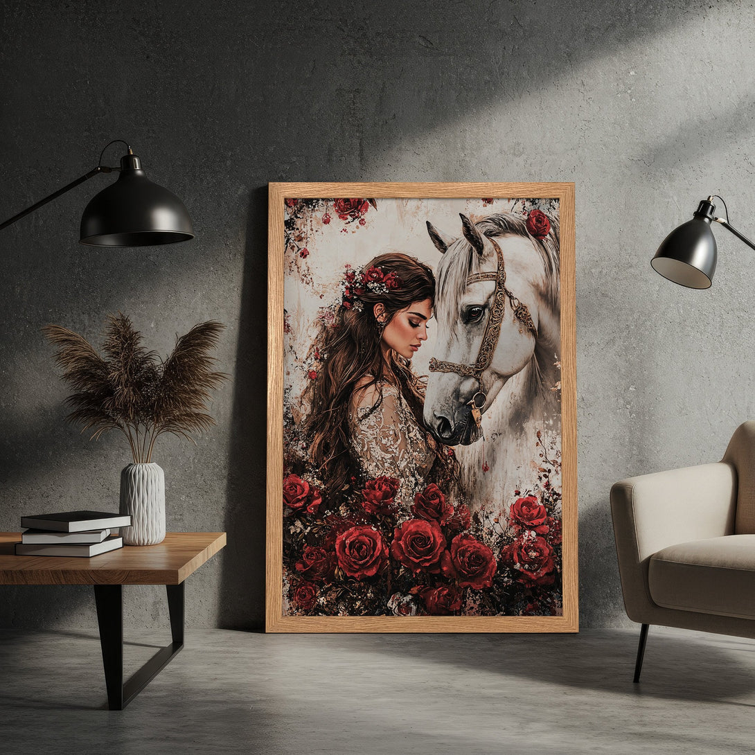 Framed Poster featuring a woman and horse, romantic style with red roses and a neutral color palette. Perfect for home decor!