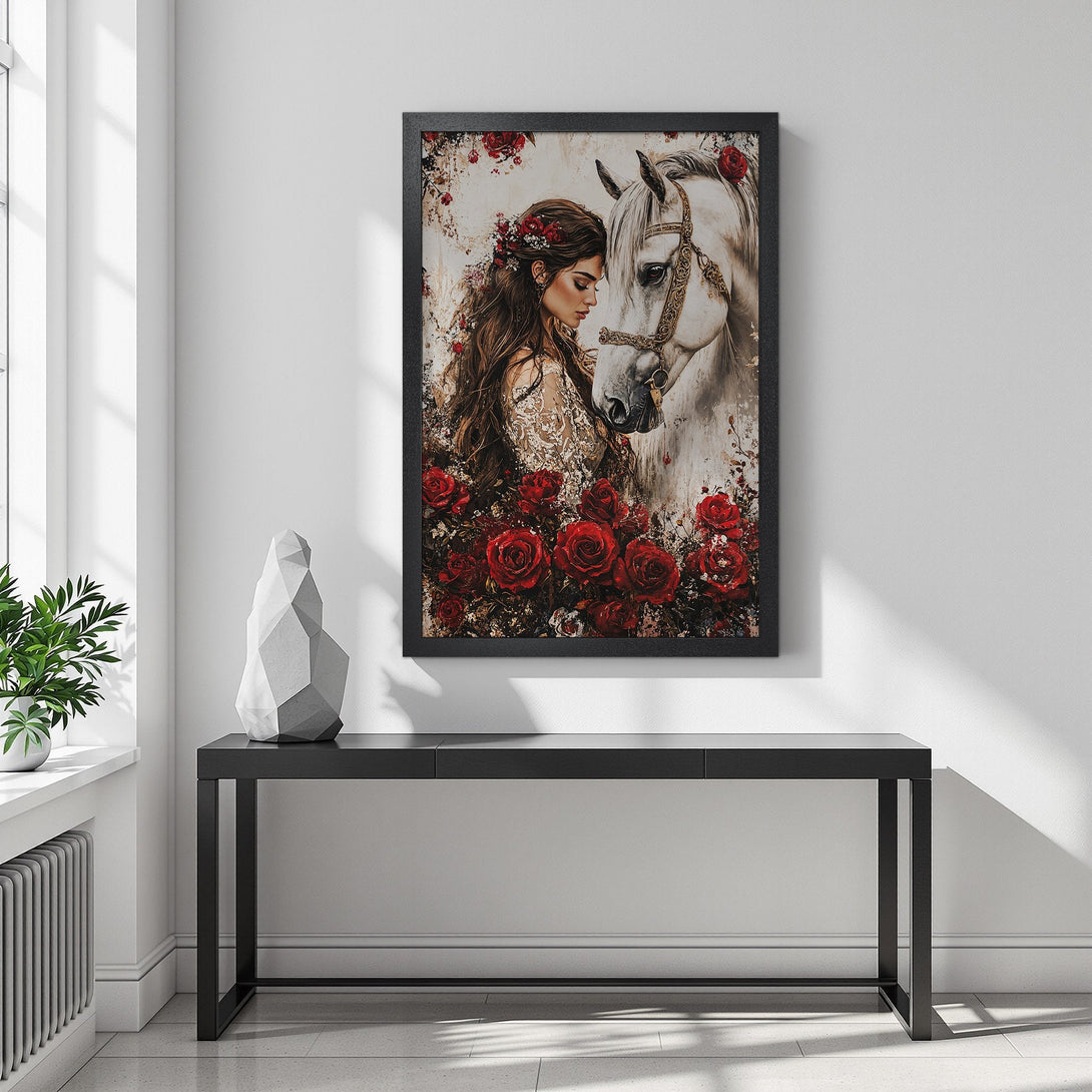 Framed Poster featuring a woman and horse, romantic style with red roses, neutral tones, and a touch of gold. Perfect wall art!