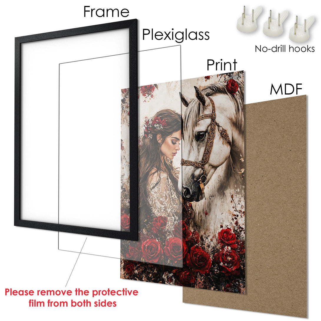 Framed Poster featuring a woman and horse, romantic style, with a red, white, and brown color palette. Perfect wall art!