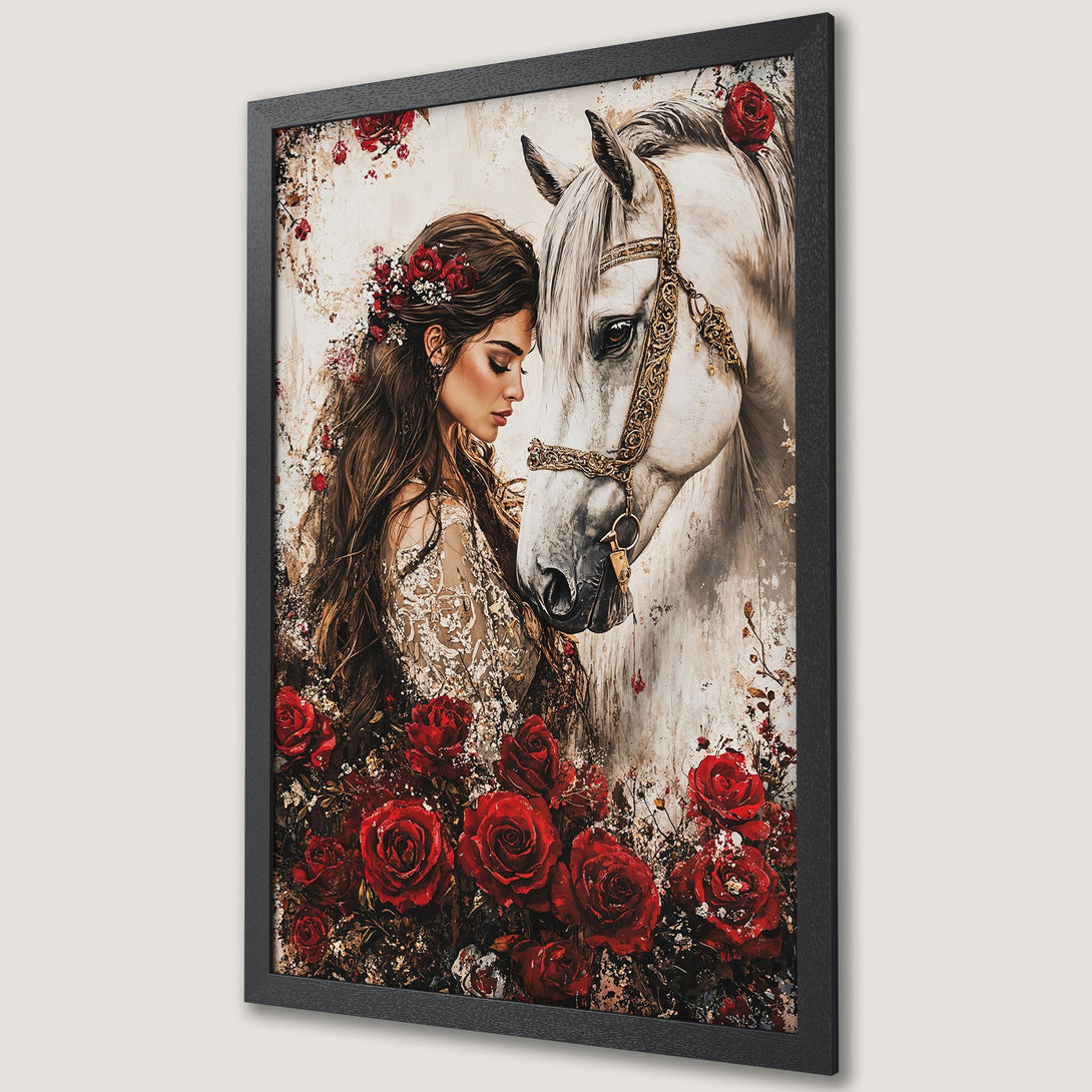 Framed Poster featuring a woman with a horse, romantic style, and a red, white, and gold color palette. Perfect wall art for any room.