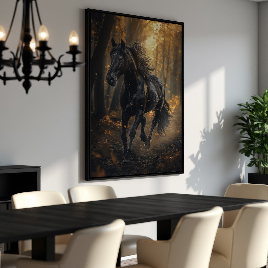 Framed Wall Art: Majestic black horse running through a golden forest. Dramatic canvas print with warm, earthy tones, perfect for adding elegance to your space.