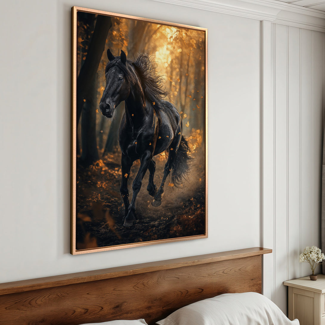 Framed Wall Art: Majestic black horse running through a golden forest. Stunning canvas print with warm, autumnal color palette. Perfect for home decor.