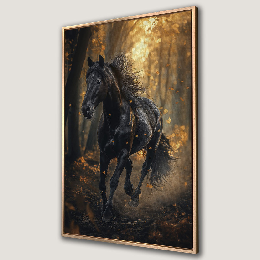 Framed Wall Art featuring a majestic black horse running through a golden forest. Warm, autumnal color palette. Perfect for adding elegance to your home.