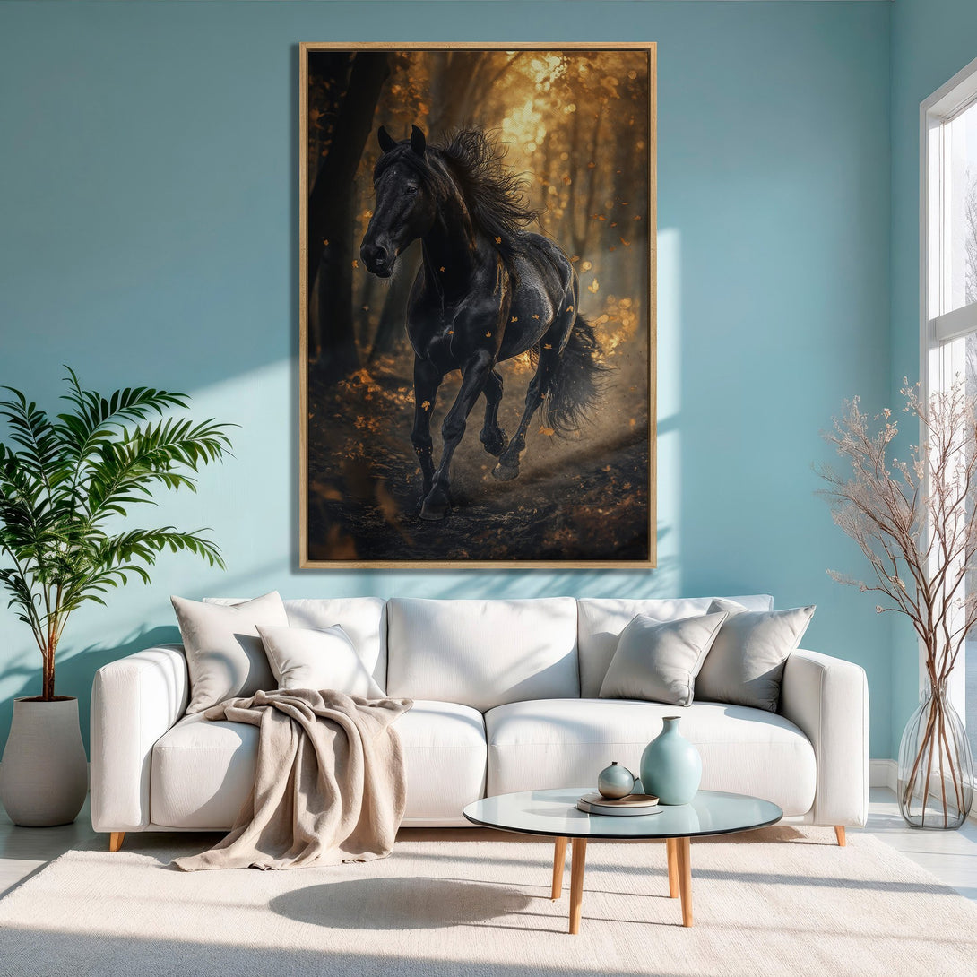 Framed Wall Art: Majestic black horse running through a golden forest. Earthy tones create a warm, inviting feel for any living space.