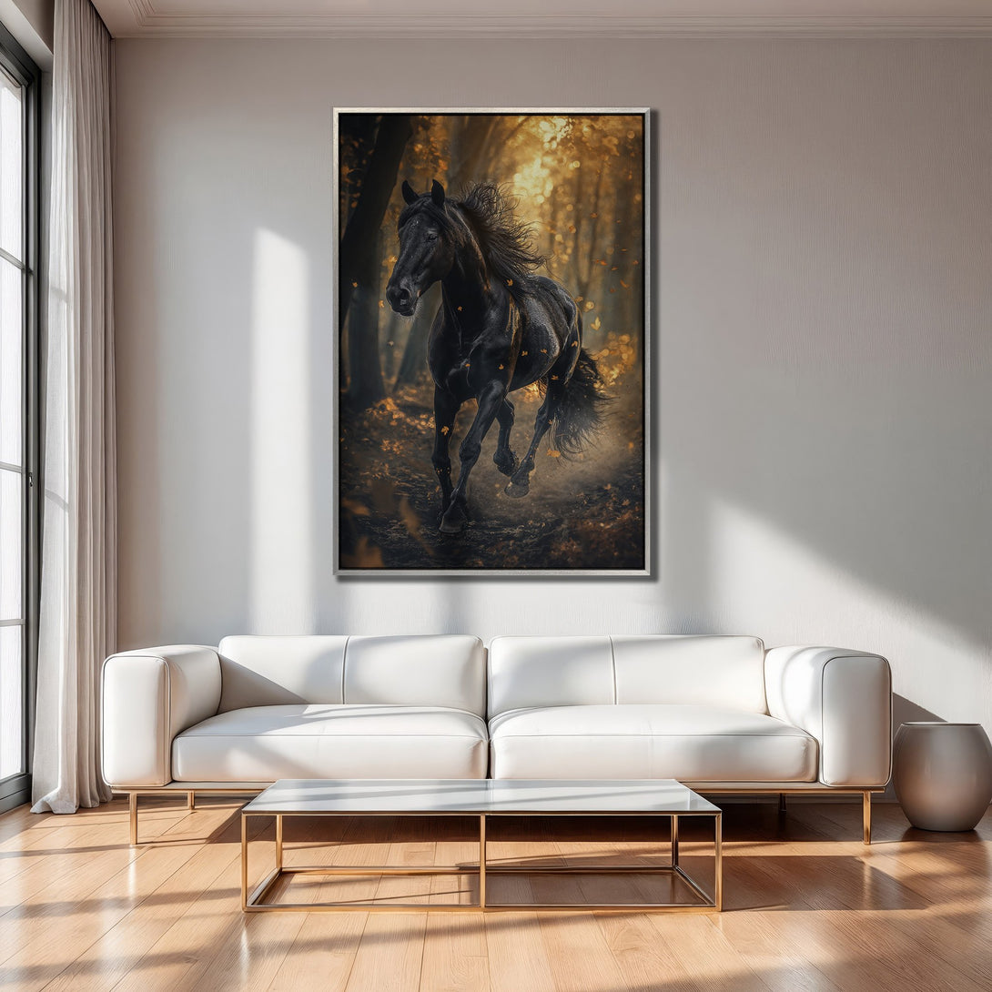 Framed Wall Art: Majestic black horse running through a golden forest. Stunning canvas print with warm, earthy tones, perfect for modern decor.
