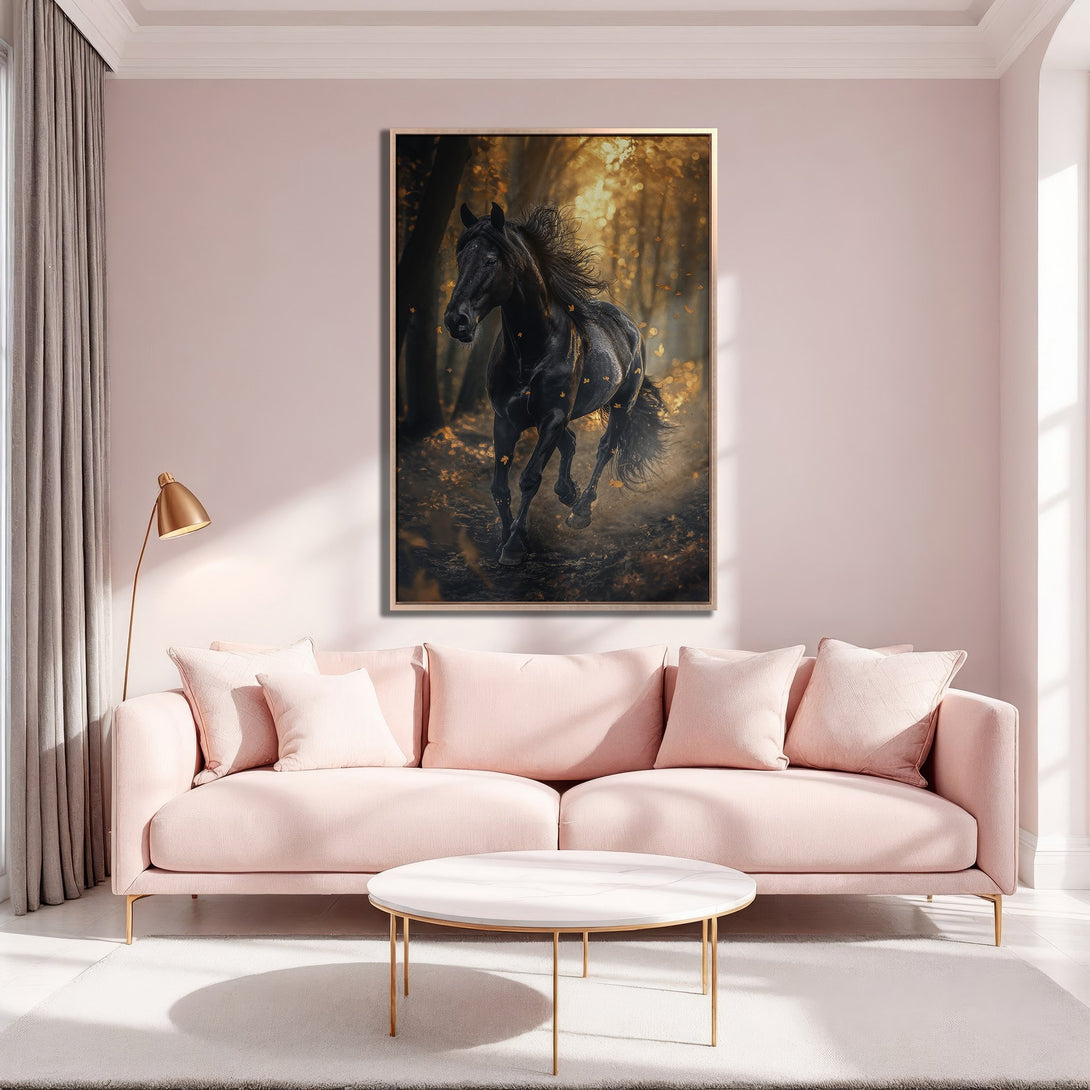 Framed Wall Art: Majestic black horse running through autumn forest. Warm gold and black tones create a stunning focal point for your living room.