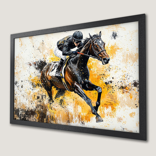 Framed Poster of a racehorse and jockey in action, vibrant art style with yellow, brown, and black color palette.