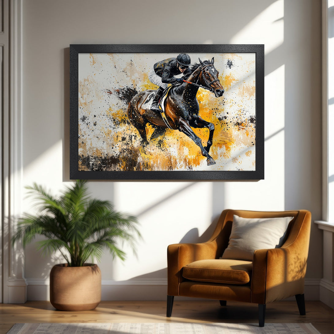 Framed Poster of a horse race, abstract style, with a warm yellow and black color palette. Perfect wall art for any space.