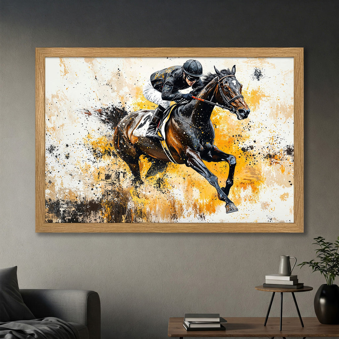 Framed Poster of a horse race in abstract style with yellow and brown color palette. Perfect for any wall!