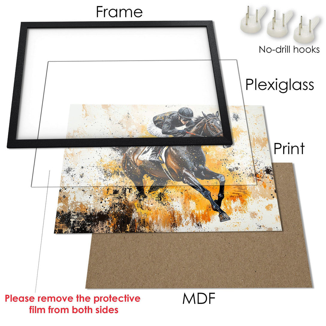 Framed Poster of a horse race in an abstract style with a yellow and black color palette. Perfect wall art for any space.