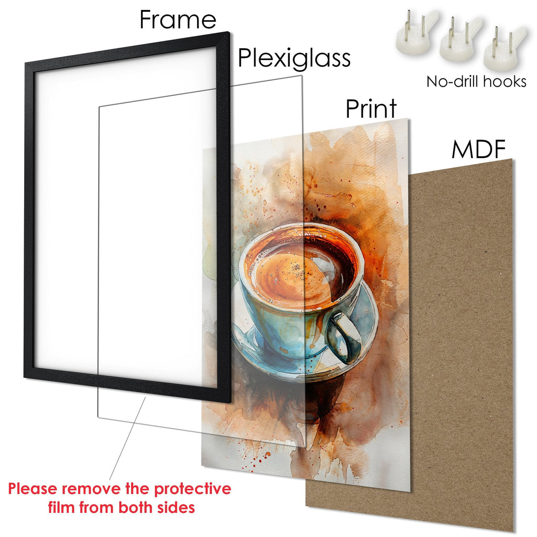 Framed Poster featuring a watercolor coffee cup. Warm, earthy tones in a stylish print. Perfect wall art for your home!