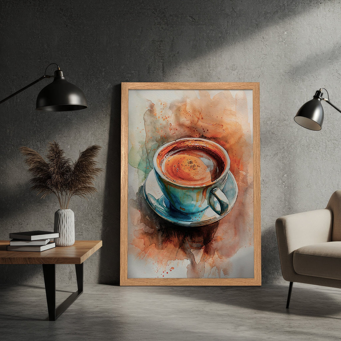 Framed Poster of watercolor coffee cup art. Warm, earthy tones with a touch of blue. Perfect wall art for your kitchen or cafe.
