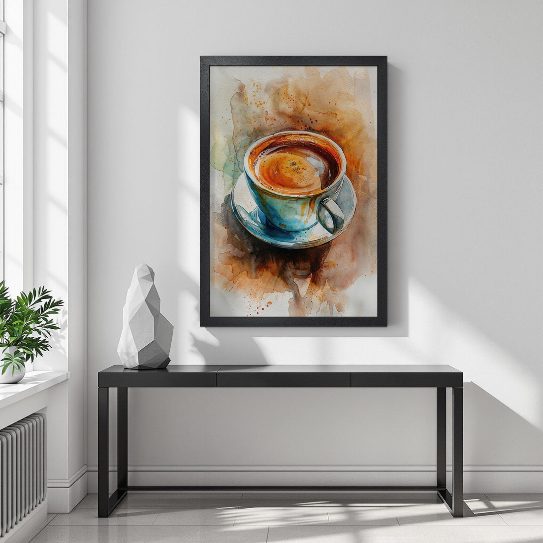 Framed Poster featuring a watercolor coffee cup art print. Earthy tones of brown, blue, and beige add warmth to any space. Perfect wall decor!