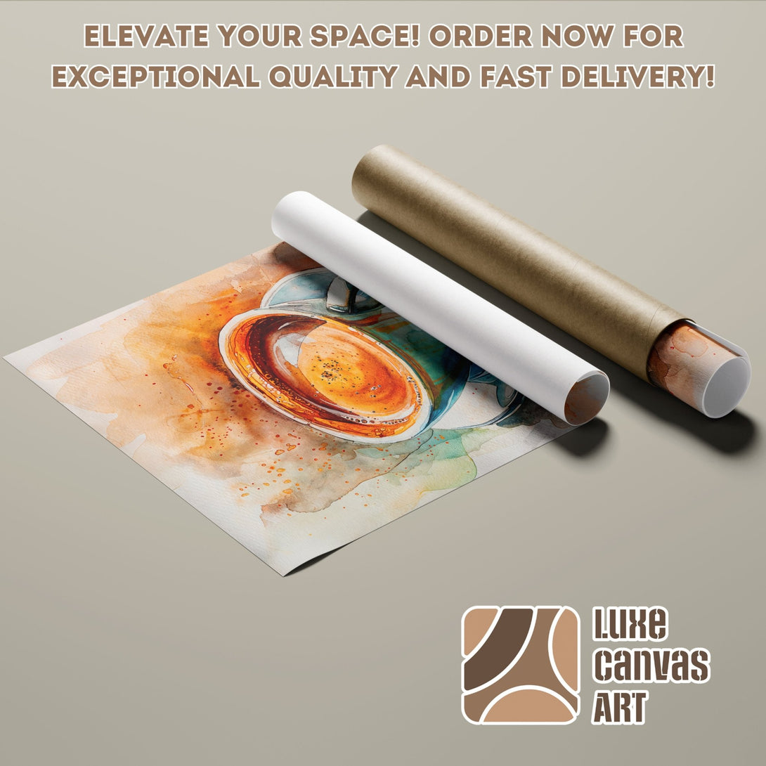 Watercolor coffee cup Poster Roll in warm, earthy tones. Elevate your space with our high-quality art! Order now for fast delivery.