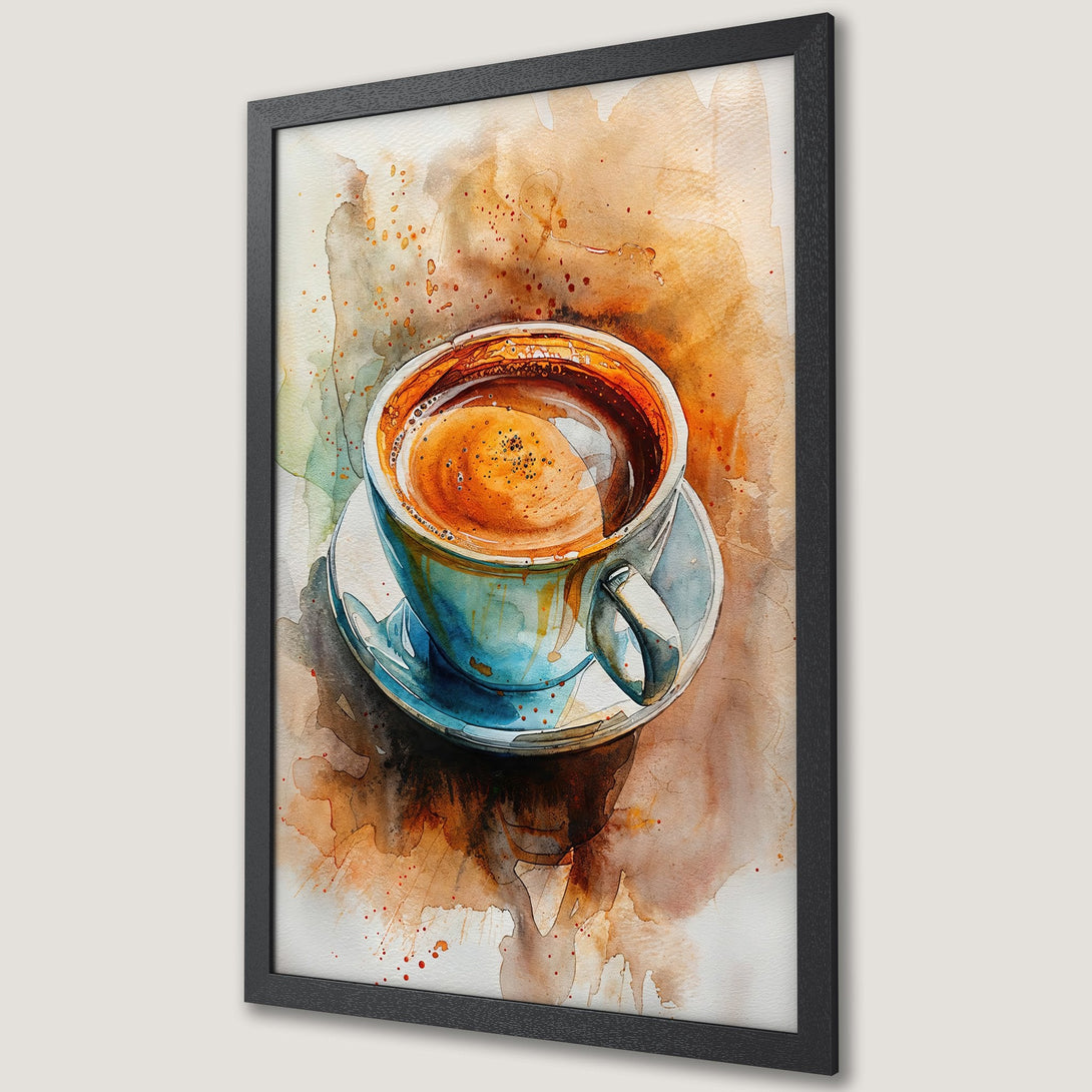 Framed Poster of watercolor coffee cup art in warm brown and blue tones. Perfect for kitchen decor!