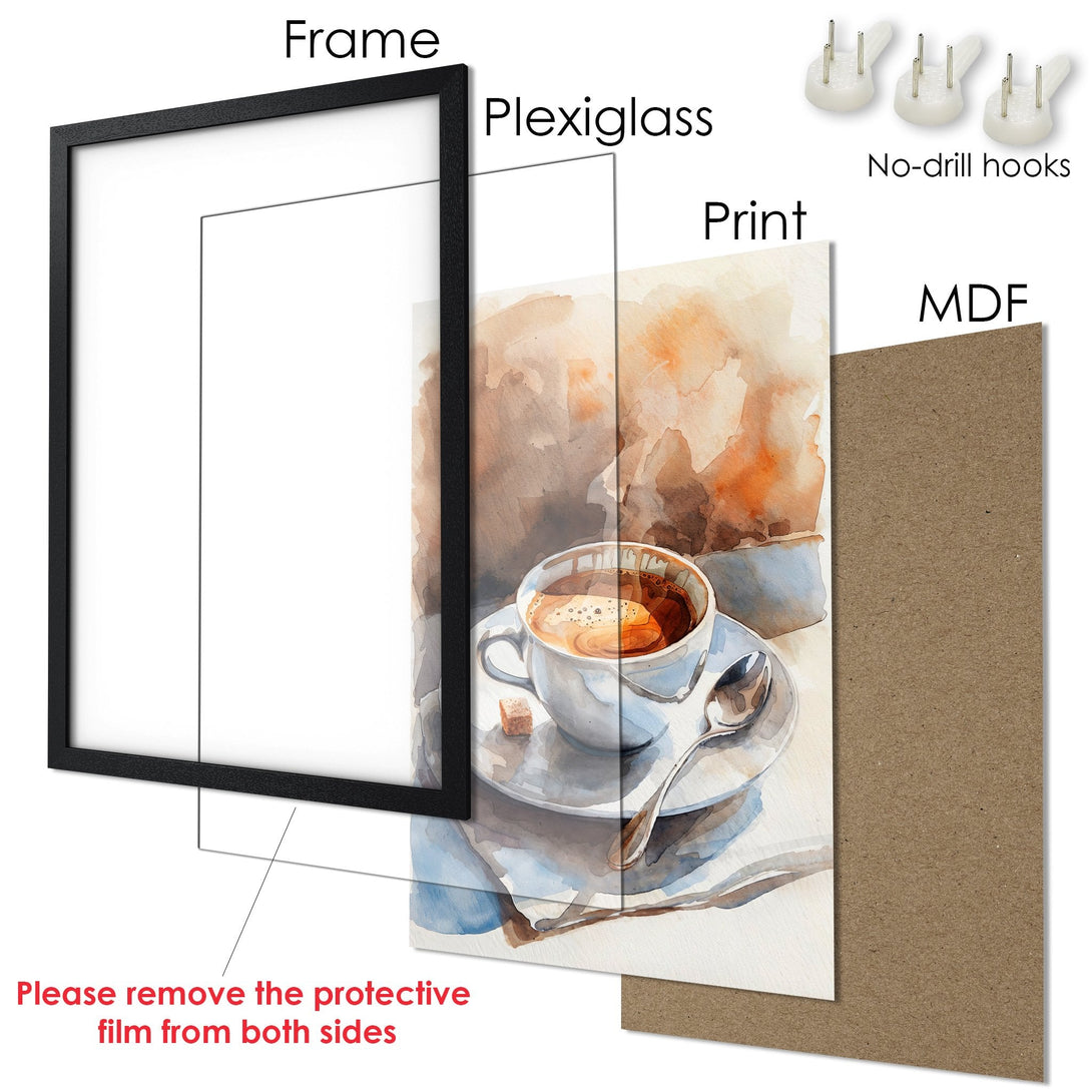 Framed Poster featuring a watercolor coffee cup. Warm, neutral color palette. Perfect wall art for your kitchen or cafe.