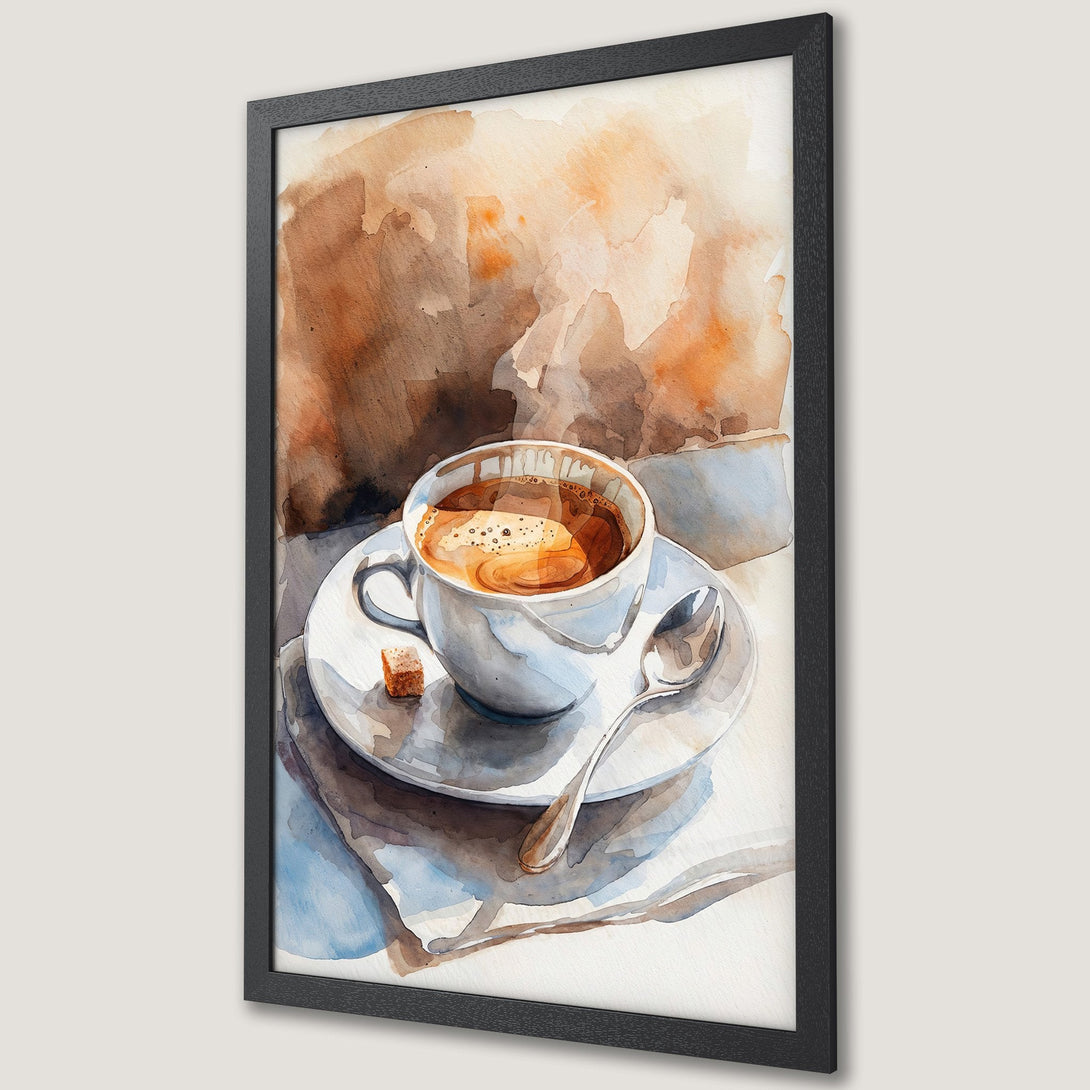 Framed Poster of watercolor coffee cup art. Warm brown & beige tones create a cozy, inviting aesthetic. Perfect for kitchen or cafe decor.
