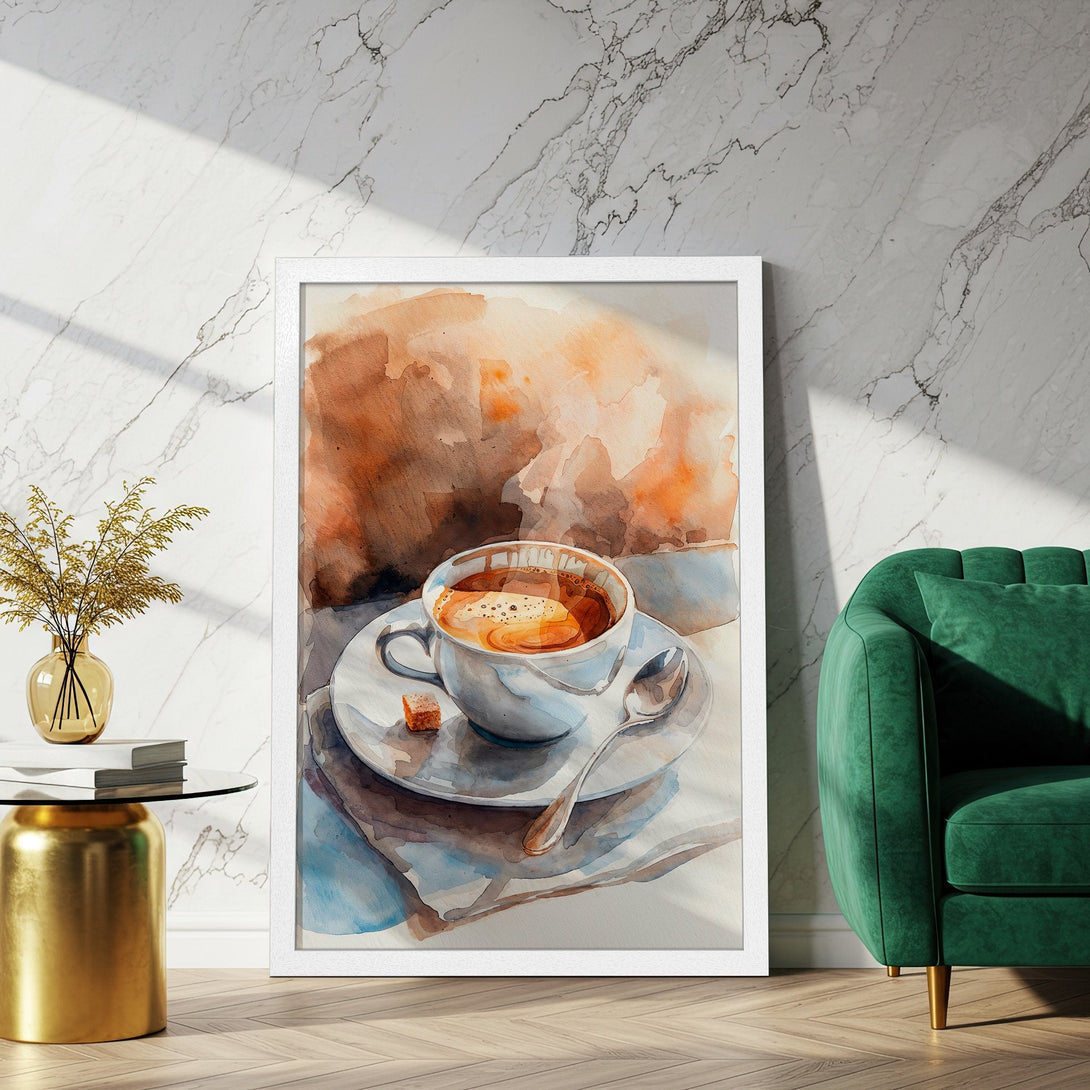 Framed Poster of watercolor coffee cup art. Warm brown and blue tones, perfect for kitchen or cafe decor.