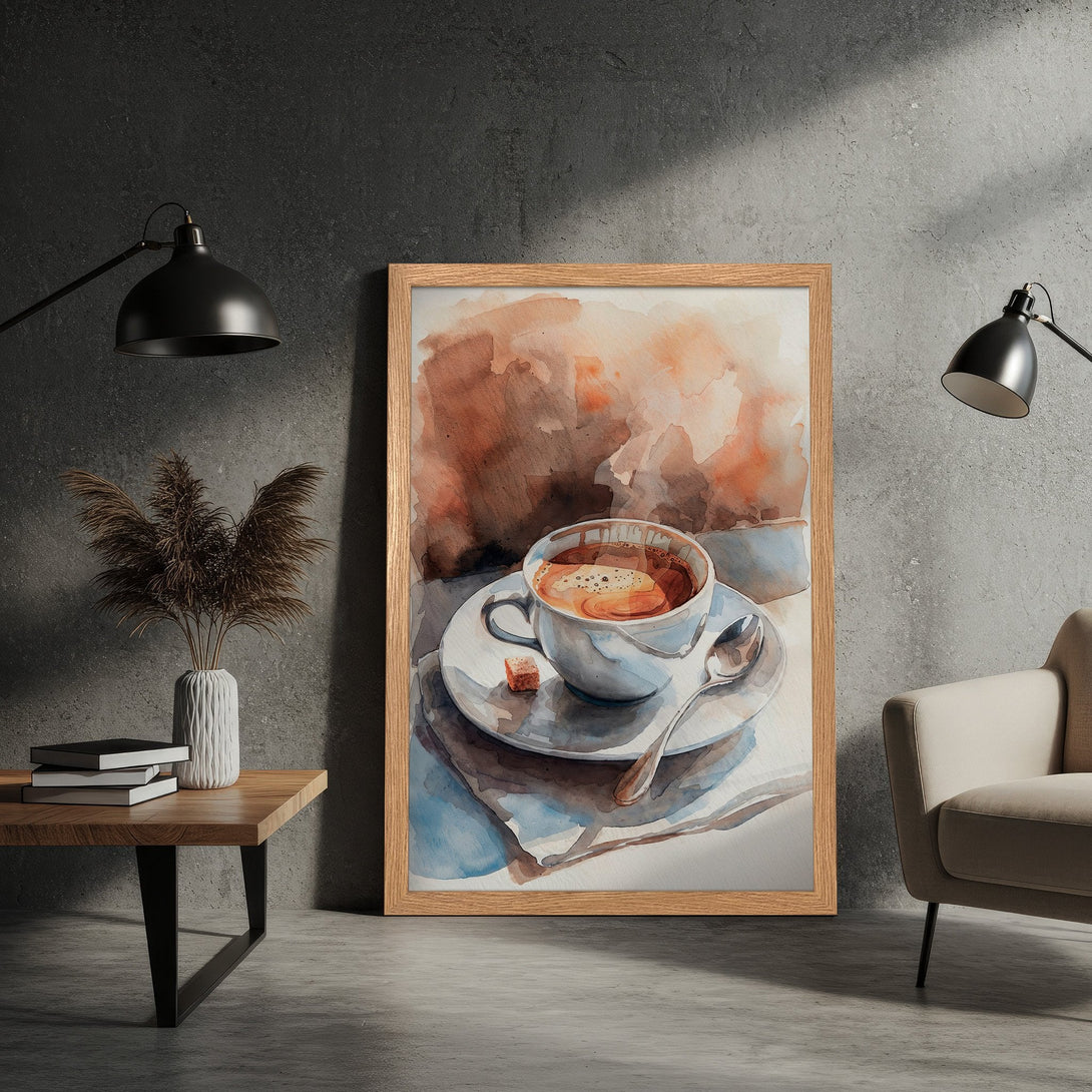 Framed Poster featuring a watercolor coffee cup. Warm, inviting art with a brown and blue color palette. Perfect for kitchen decor!