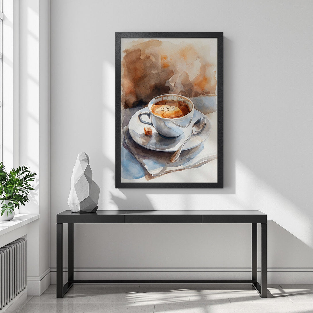 Framed Poster featuring a watercolor painting of coffee cup. Warm brown and blue tones, perfect for kitchen decor.