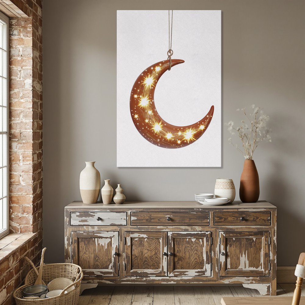 Framed Wall Art: Celestial moon with stars in warm orange tones. Modern art print for a cozy dining room.