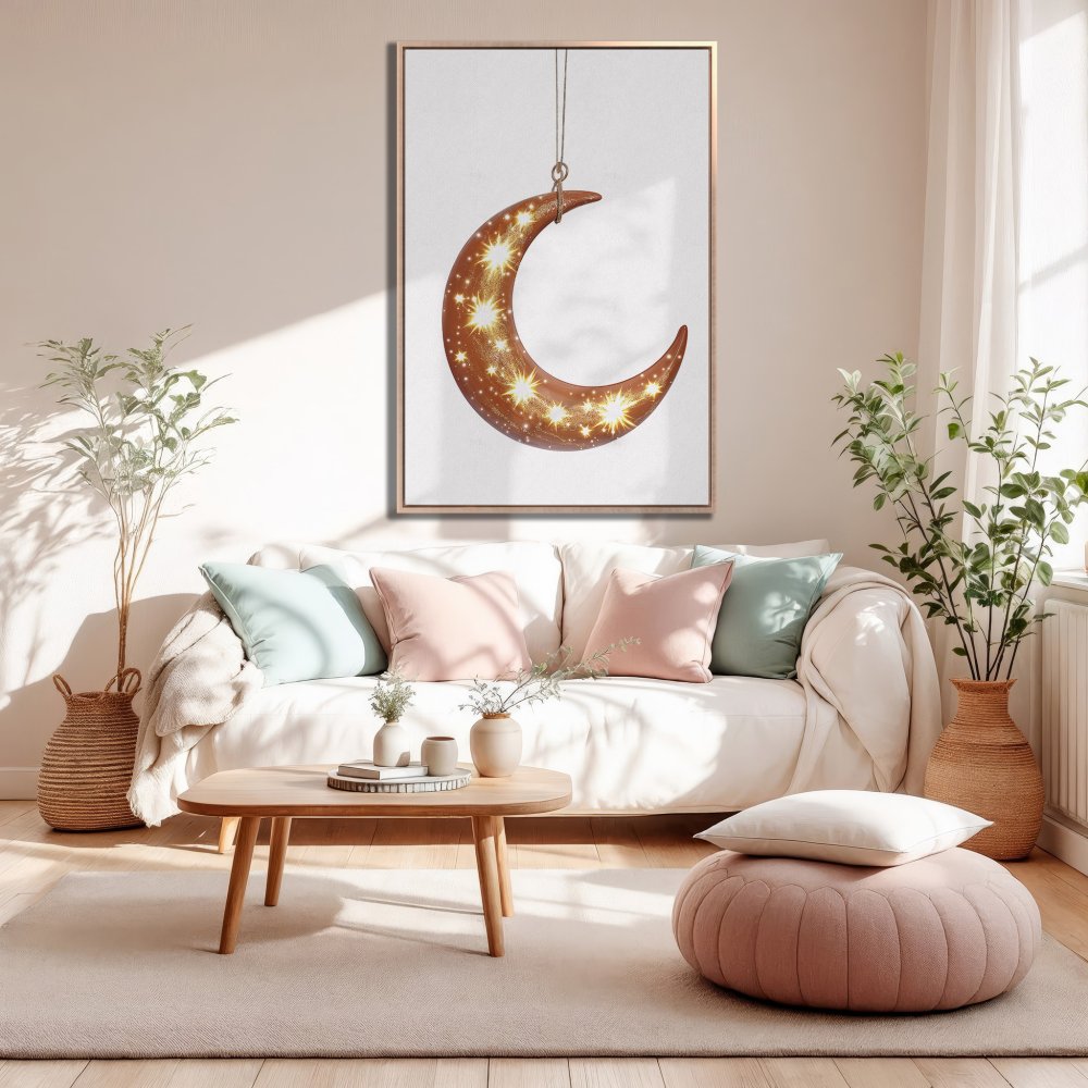 Framed Wall Art featuring a celestial moon design in warm gold tones, perfect for adding a touch of bohemian style to your home decor.
