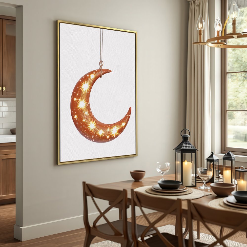 Canvas Print of a celestial moon with stars, warm brown and gold tones, perfect for adding a touch of magic to your home decor.