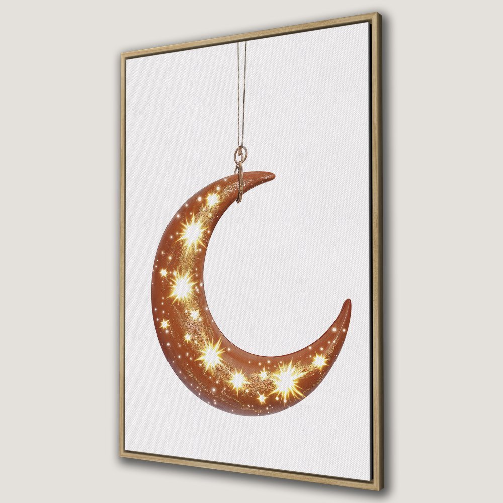 Framed Wall Art: Rustic moon with glowing stars. Warm brown and gold tones. Perfect celestial decor for any room. Shop now!