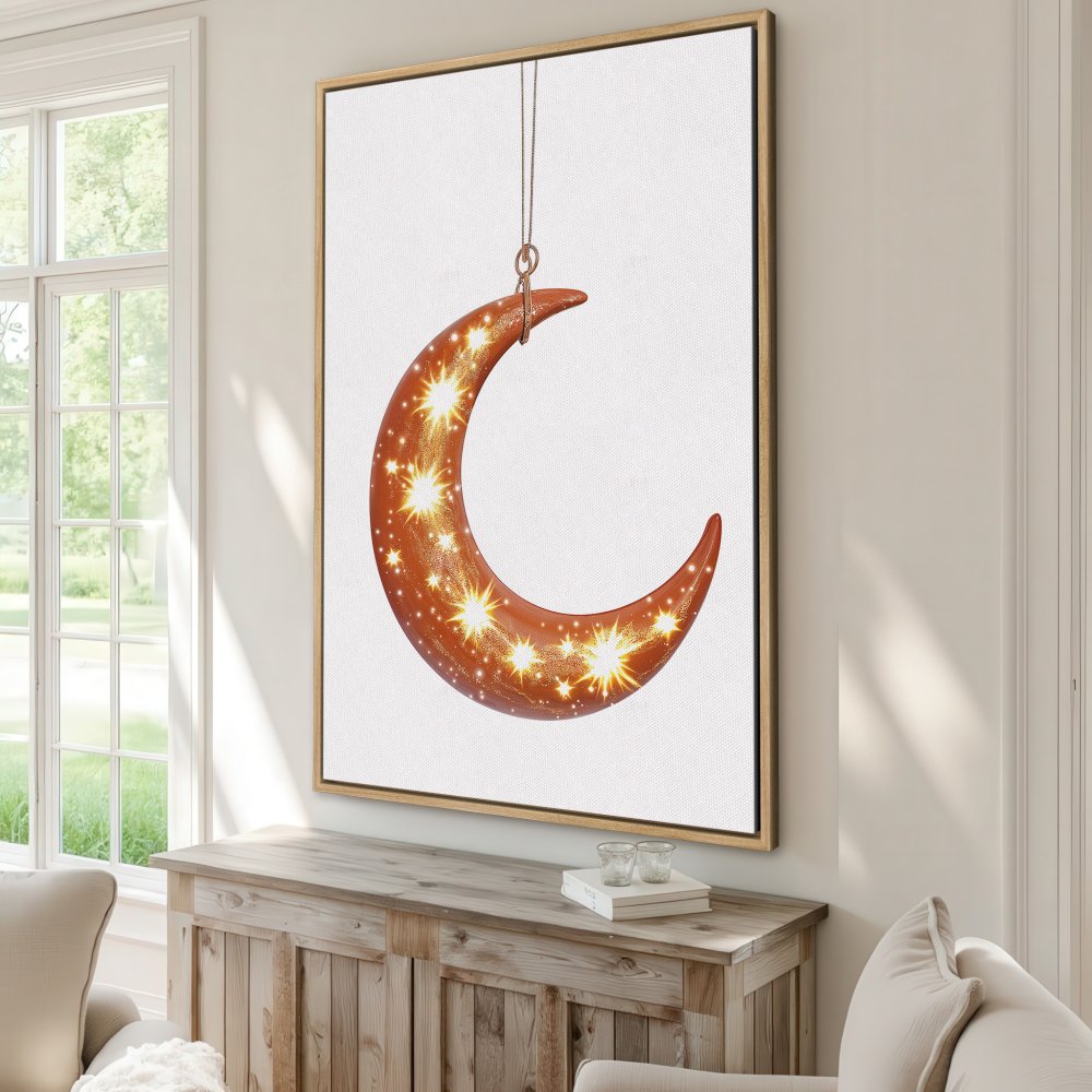 Framed Wall Art: Celestial moon art print in warm orange and gold hues, perfect for adding a touch of magic to any space. Shop now!